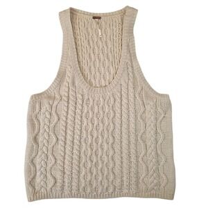 Free People M High Tide Cable Knit Sweater Tank Top Cream 100% Cotton Sleeveless